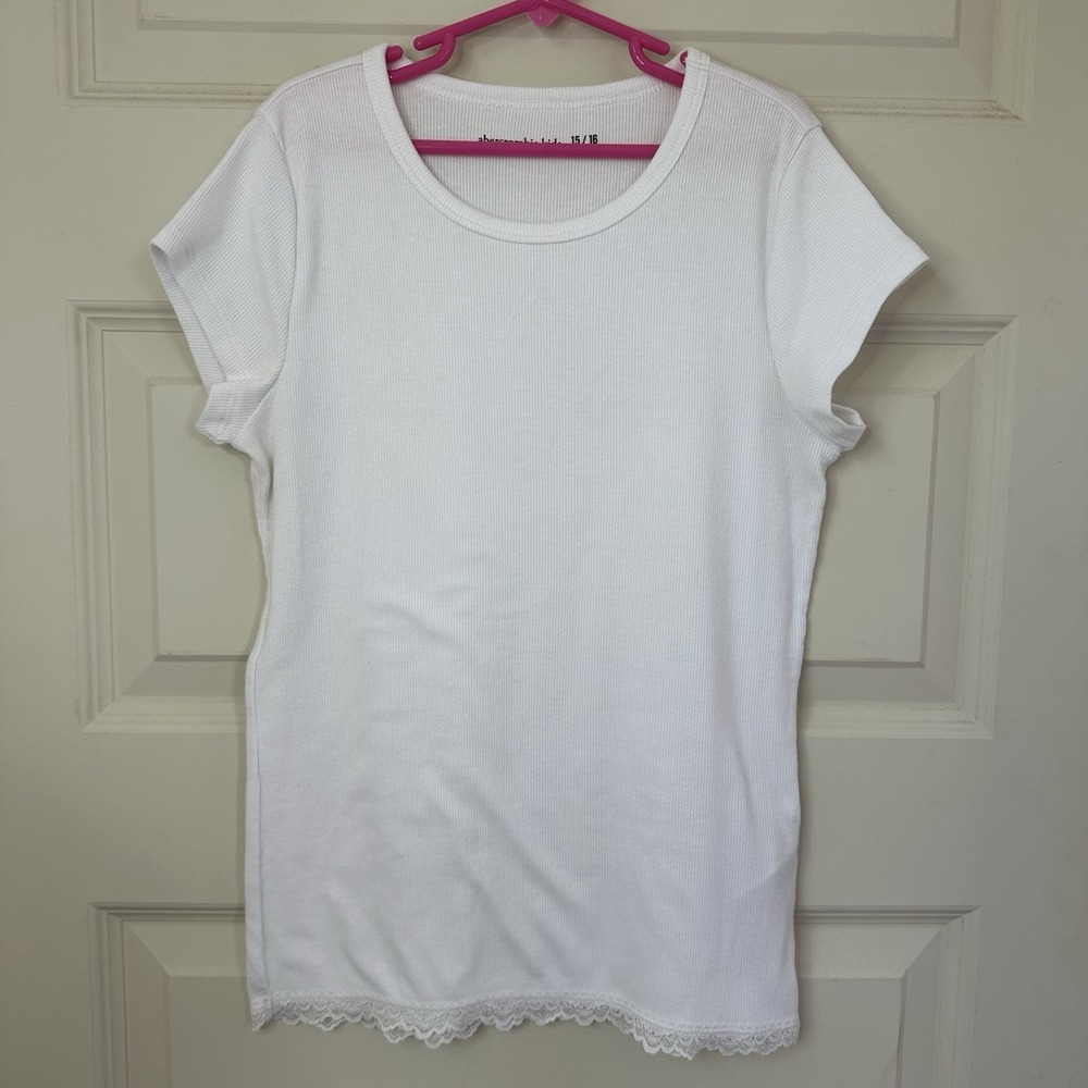 Abercrombie Kids Girls 15/16 White Knit Scoop Neck Short Sleeve Lace T-Shirt